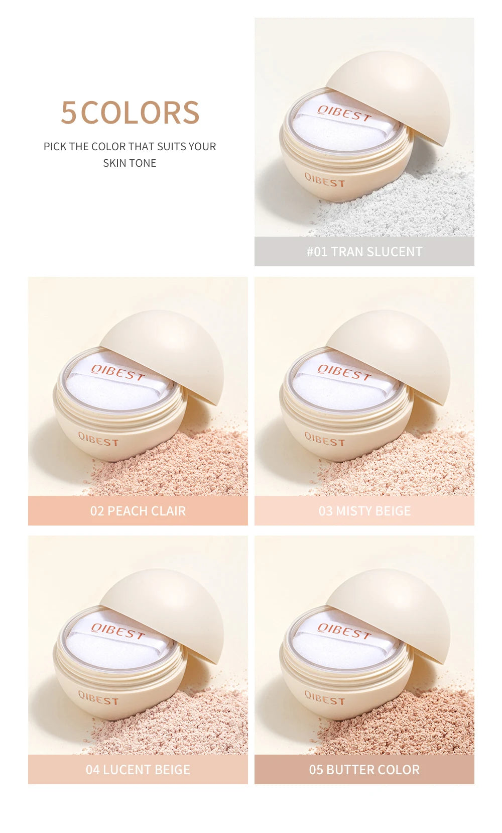 QIBEST 5Color Waterproof Smooth Loose Powder.