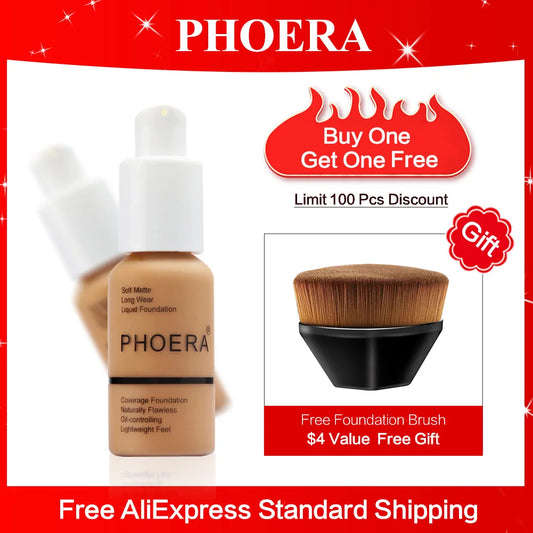 PHOERA  Foundation Makeup 10 Colors Liquid Matte Moisturizer 30ml